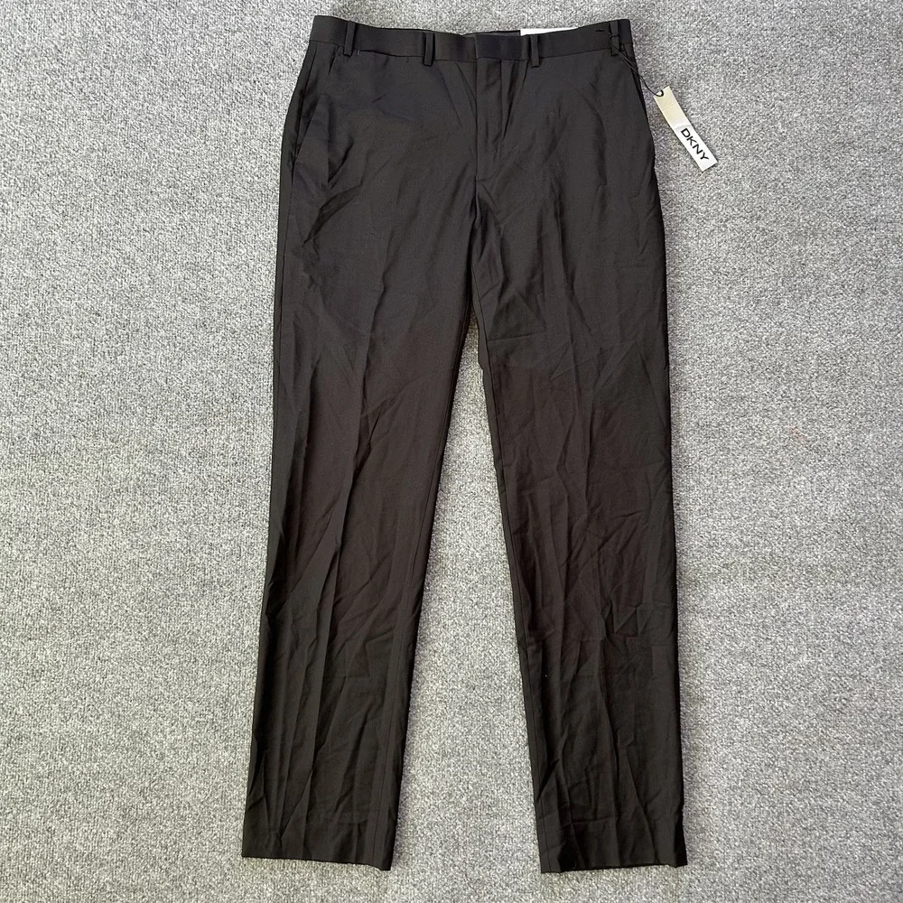 DKNY Pant Men 36 X34 Black Wool Blend Stretch Flat Front Trouser Suit Separate 1